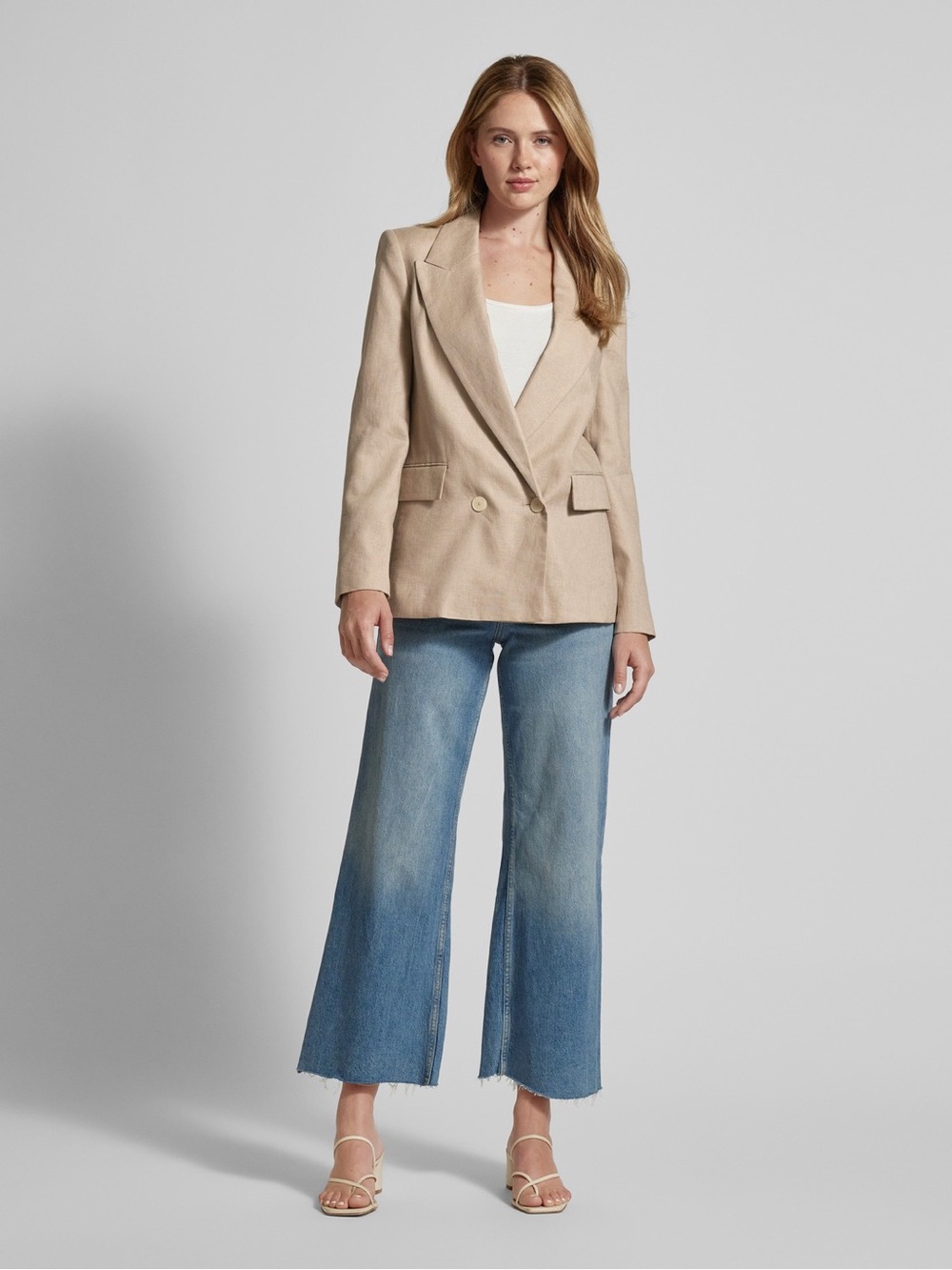 Mango 100% Linen Blazer Lapel Collar Double Breasted Beige Size Large
